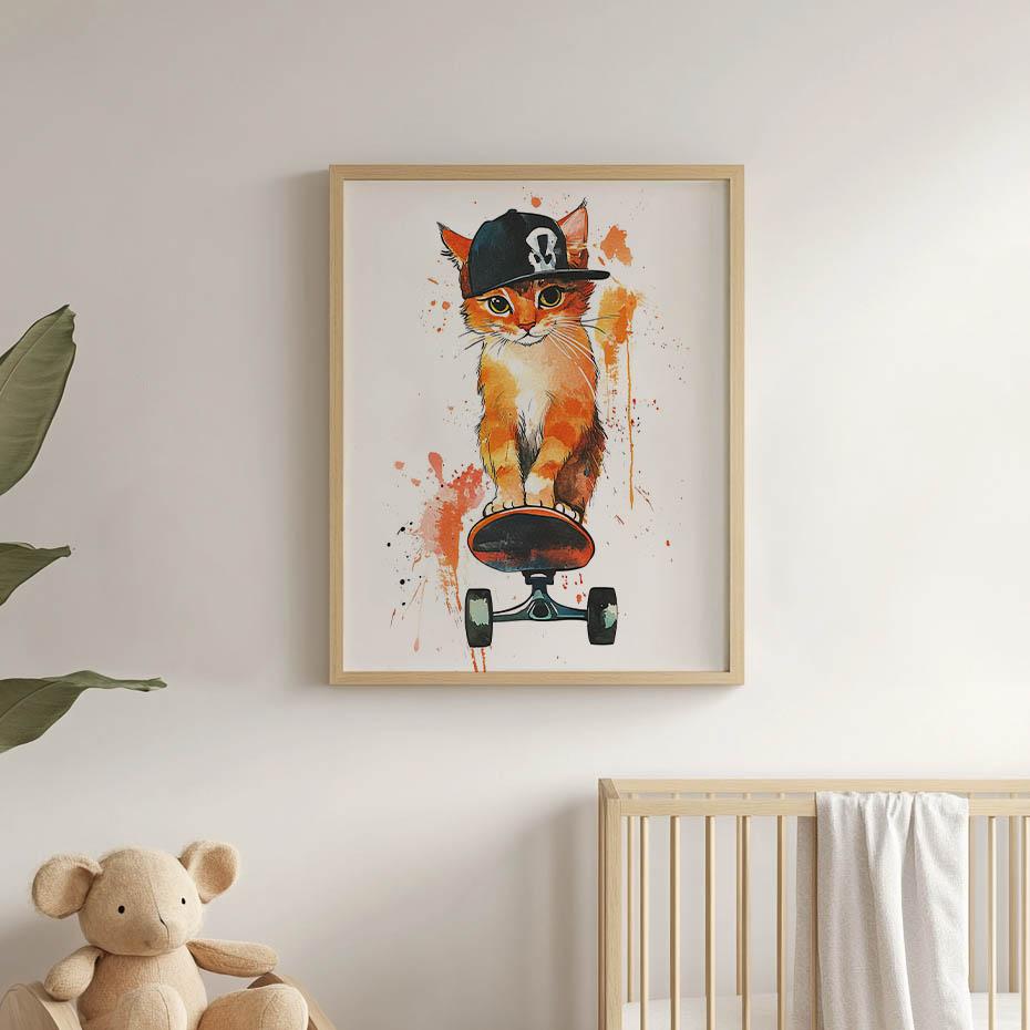 Plakat Kotek Na Desce Snowboardowej Plakat Kotek Na Desce Snowboardowej, 40X50 Cm, Rama Aluminiowa Czarna, Papier Matowy 230 Gsm