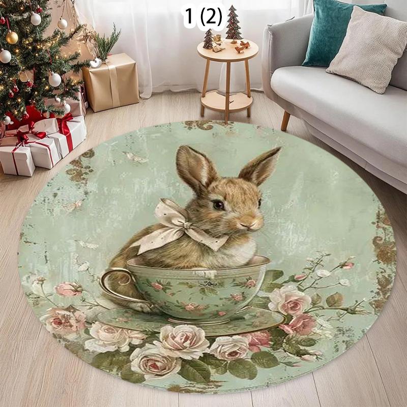 

Vintage Oil Painting Style Circular Carpet Cartoon Rabbit Flower Home Decoration Floor Mat Living Room Bedroom Entrance Door Mat 100cm x 100cm