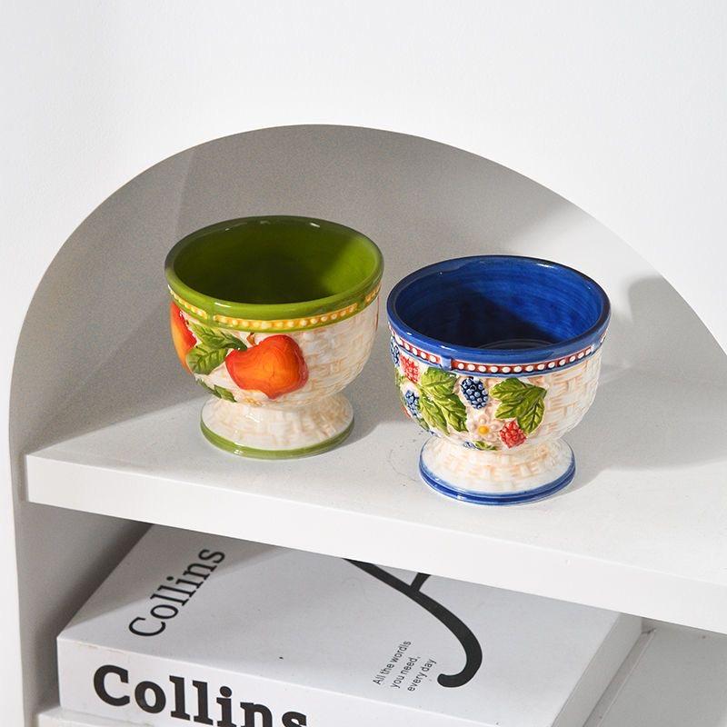 High-Quality Ceramic Dessert Bowl Ice Cream Cup Hand-Painted Embossed Home Use