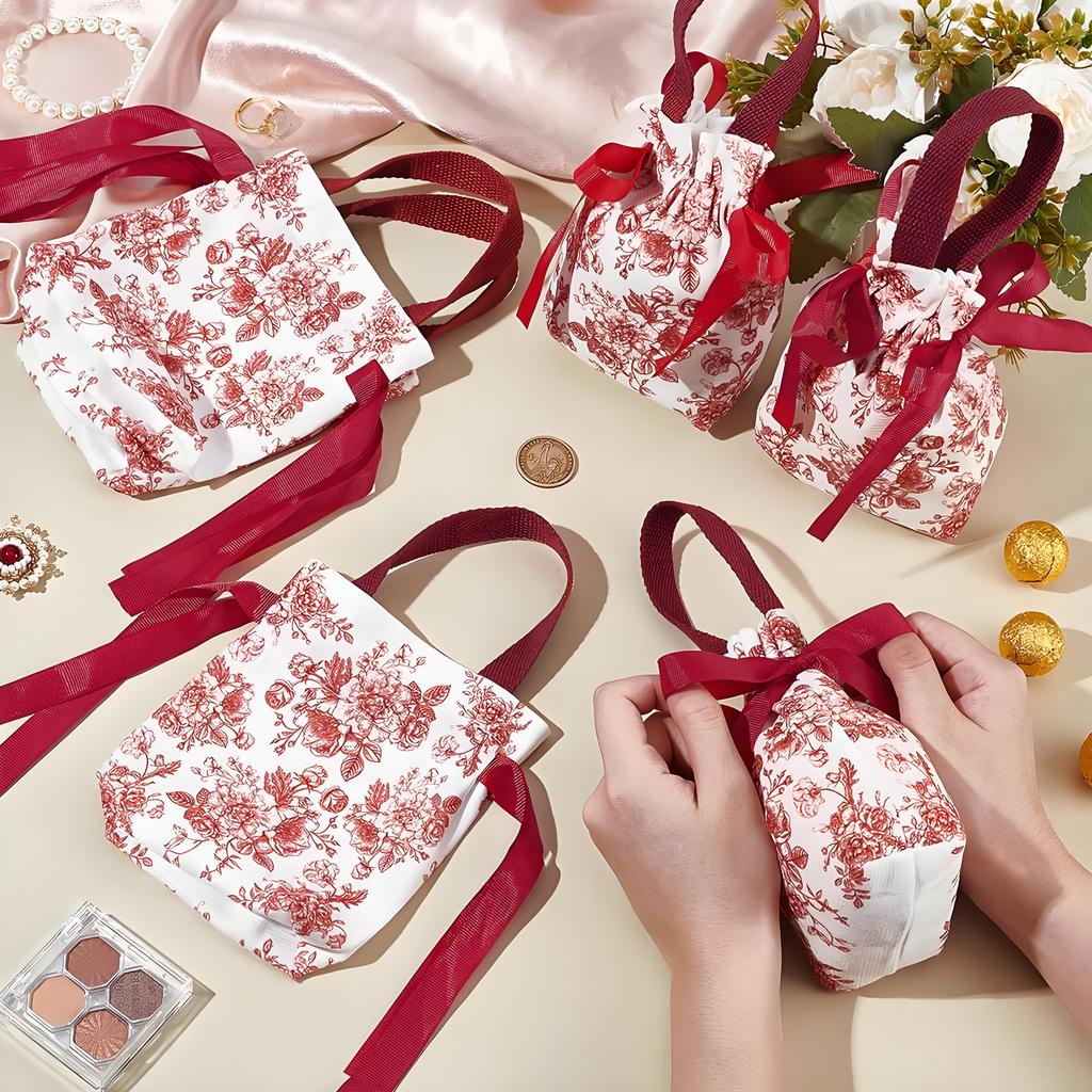 10er-Pack florale Kordelzug-Geschenktüten | Elegante Hochzeits- und Geburtstags-Gastgeschenktaschen | 17,5x13,5 Zoll Canvas-Teeparty-Tragetaschen