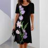 Women Dress Floral Breathable Pullover Sleeves O Neck Short Tulip Print Loose Soft A-line Knee