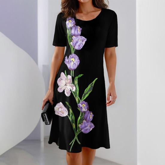 Women Dress Floral Breathable Pullover Sleeves O Neck Short Tulip Print Loose Soft A-line Knee