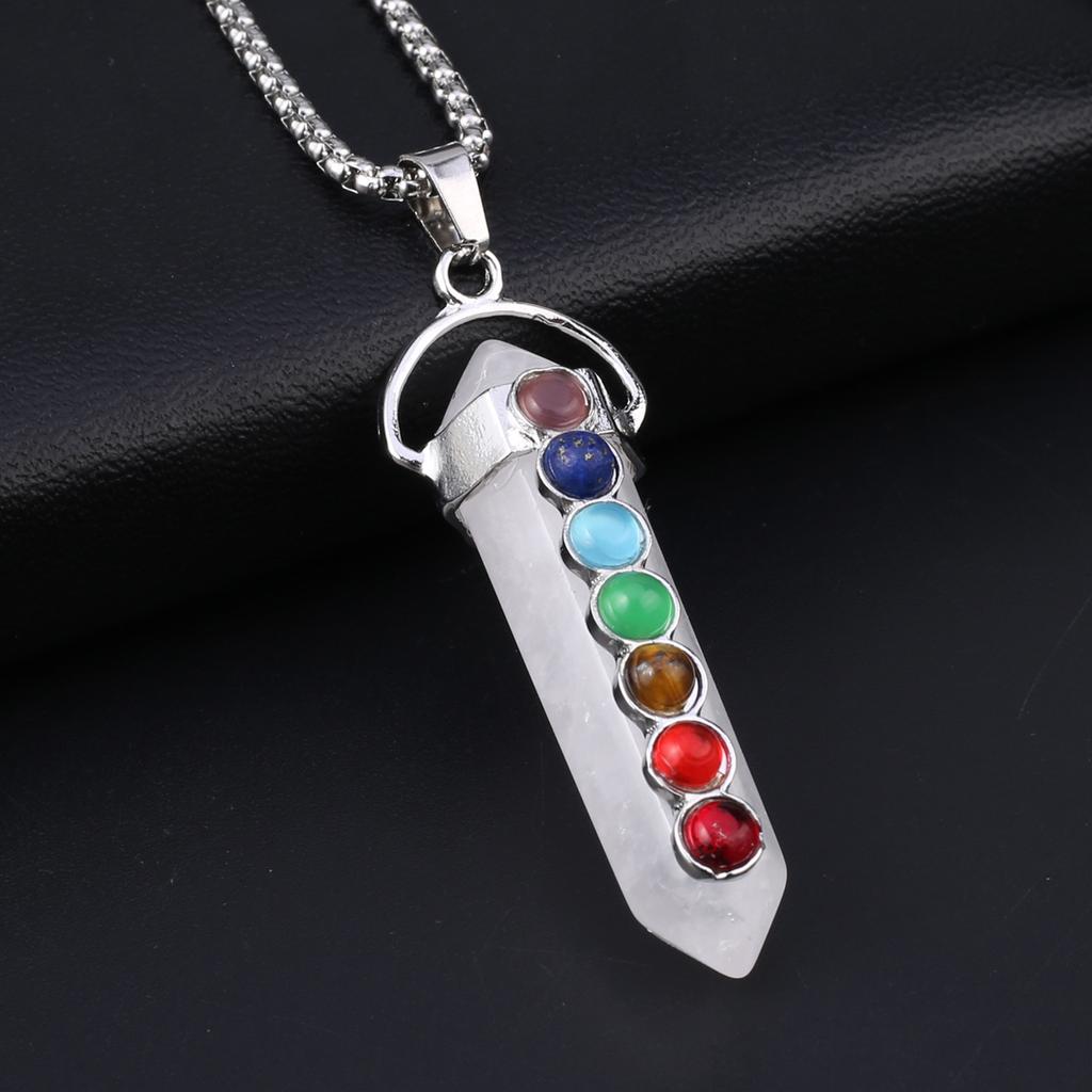 1Pc, Spiritual Healing Crystal Pendant Necklace, Geometric Double-pointed Hexagonal Pyramid Inlaid Seven Chakra Gems Charms Necklaces for Women Men