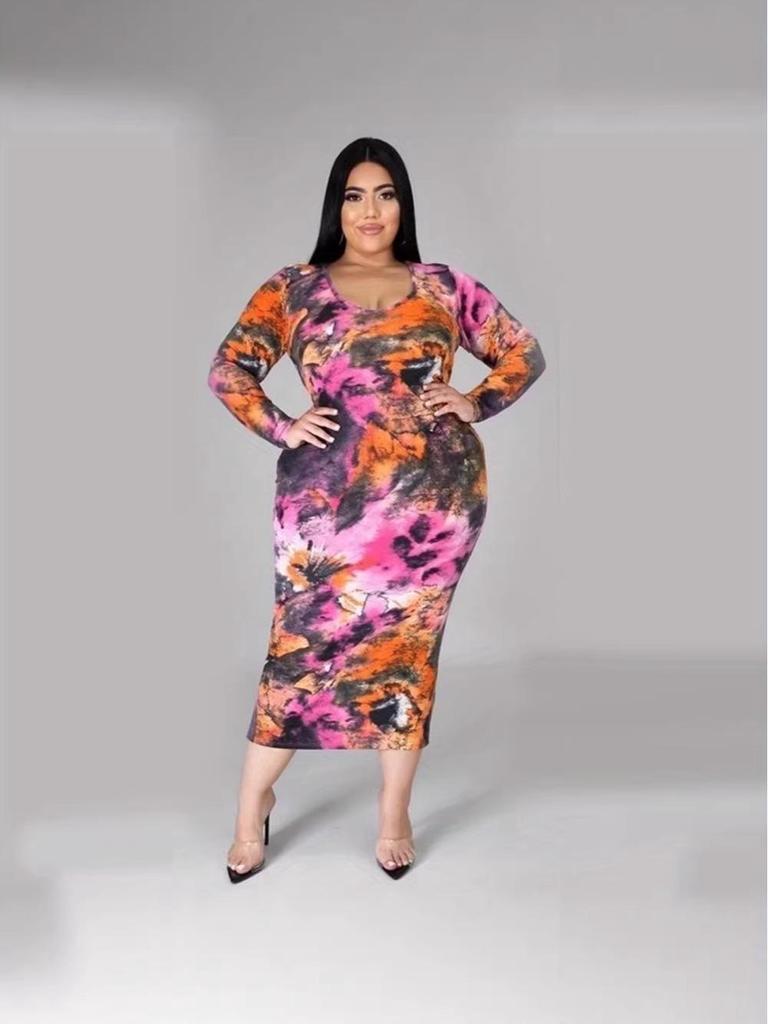 Elegant European & American Style Sheath Dress with Slit – Printed Long-Sleeve, Slim Fit, Round Neck