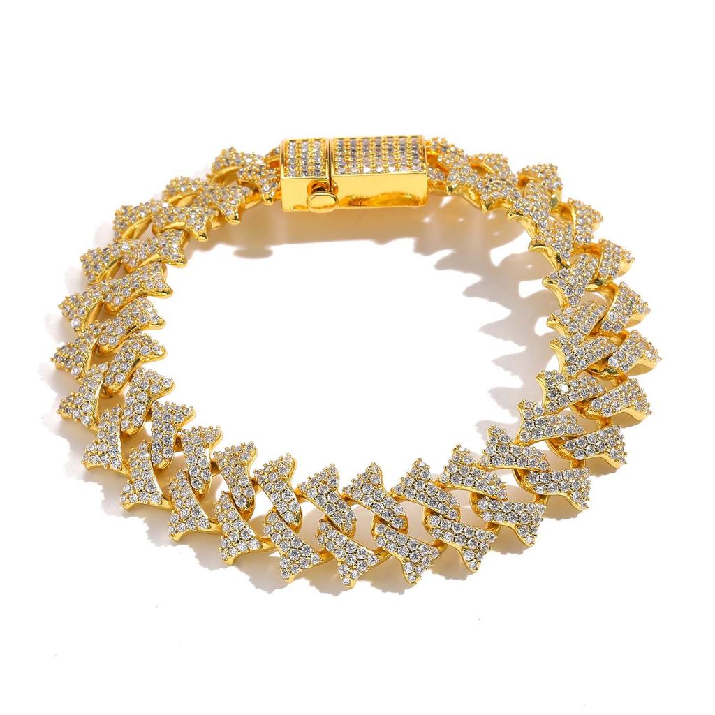 European American 18mm Thorn Hip Hop Men's Spring Buckle Cuban Bracelet Rhodium Plated Trendy Personalized Full Diamond Zircon