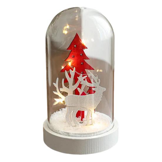 Christmas Dome Glass Ornament LED Light Up Reindeer Christmas Tree Little Church in Cloche Tabletop Decoration for Indoor Room Desktop Decor
