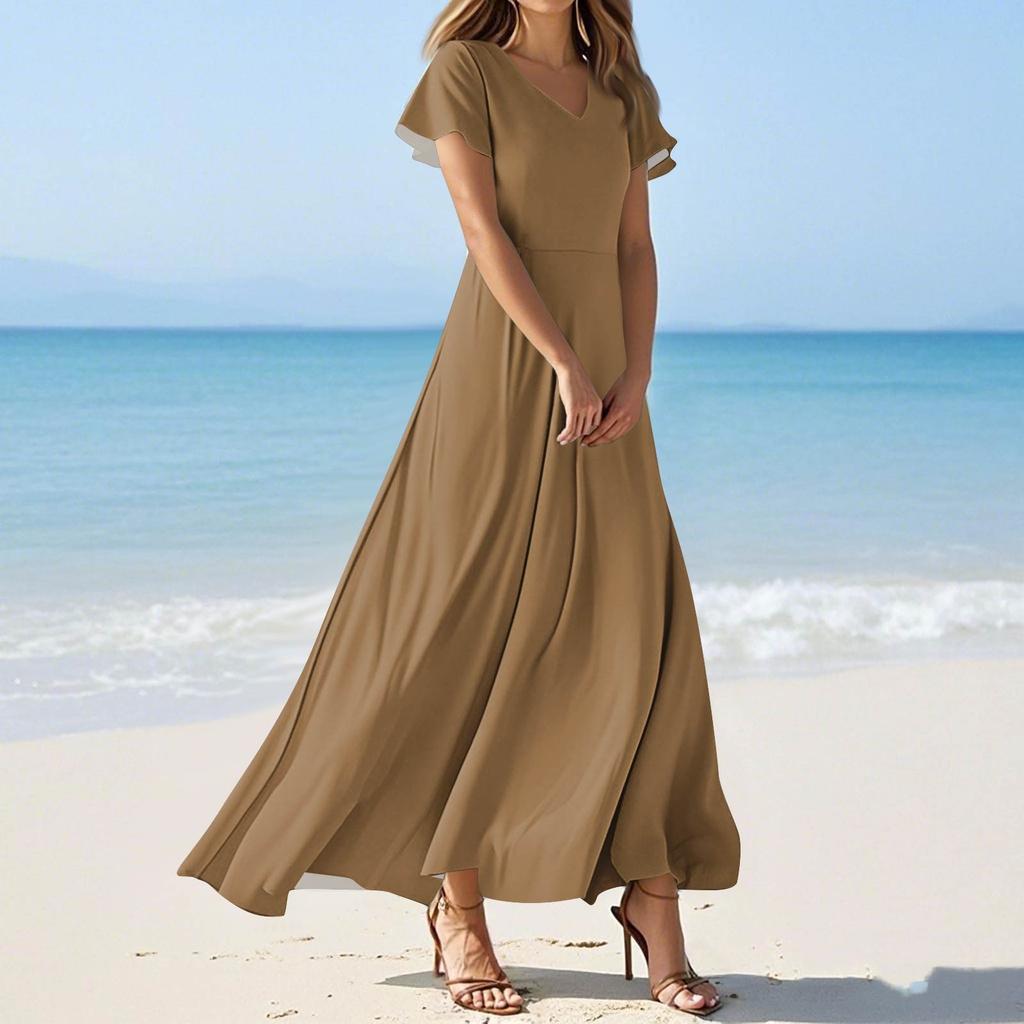 Women's Summer Casual Fashion Solid Color Dresses V-Neck Short Sleeve Dresses