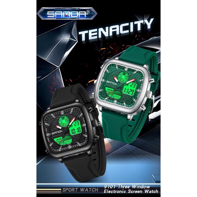 SANDA Retro Square Double Display Electronic Watch Night Light Waterproof Business Leisure Men's Watches Sports Silicone Strap Wristwatch