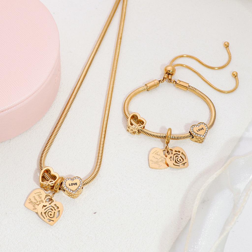 Fashionable High Quality Heart M&M Necklace Plated 18k Draw Bracelet Non-Fading Stainless Steel Jewelry Zircon Set