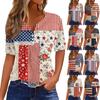 Women's Fashion Casual Independence Day Print V-Neck Short Sleeve Button-Up T-Shirt Top