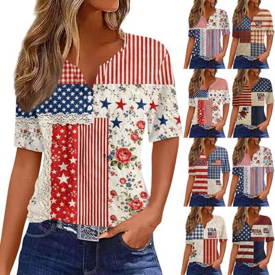 Women's Fashion Casual Independence Day Print V-Neck Short Sleeve Button-Up T-Shirt Top