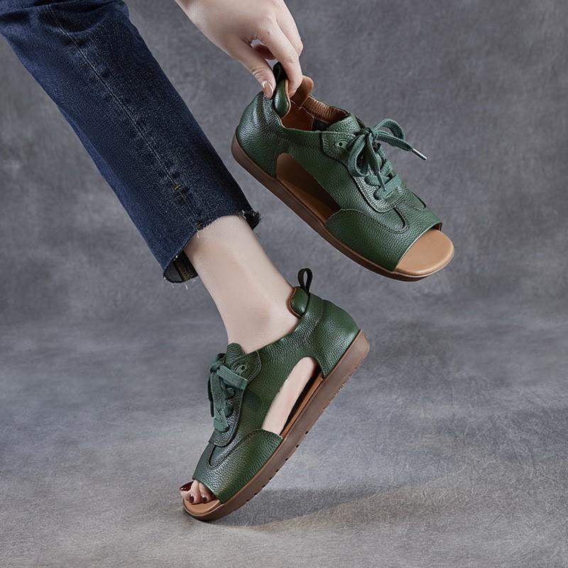 Johnature Sandalias Peep Toe de Cuero Genuino Retro de Suela Plana con Cordones Zapatos de Mujer de Suela Blanda