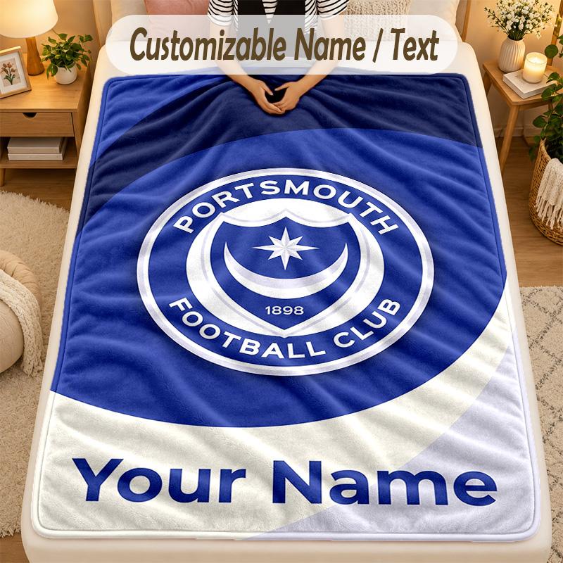 Flannel BlanketPortsmouth FC Custom Name Text Personalized Soft Warm Throw Blanket Home Decor Gift