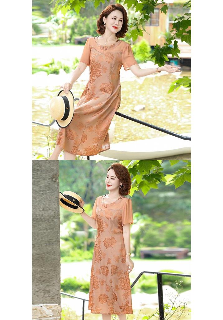2026 Chinese National Style Chiffon Dress: Elegant Floral Print Summer Dress for Middle-aged Women