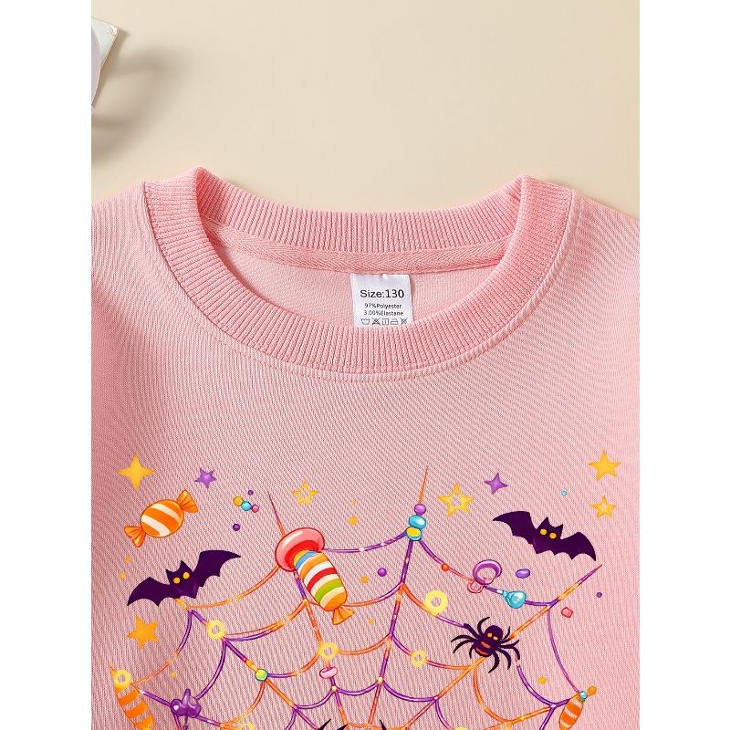 Kids Fall Winter Crew Neck Sweatshirt, Halloween Spider Web Candy Pumpkin Print