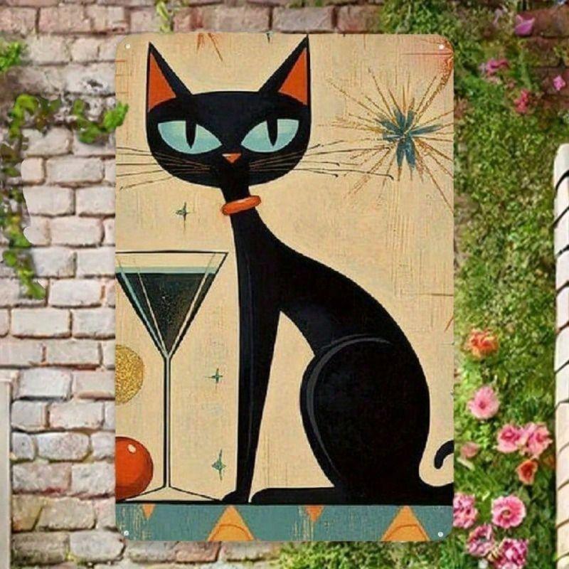 Retro Black Cat Metal Poster, Vintage Atomic Age Wall Art for Bar