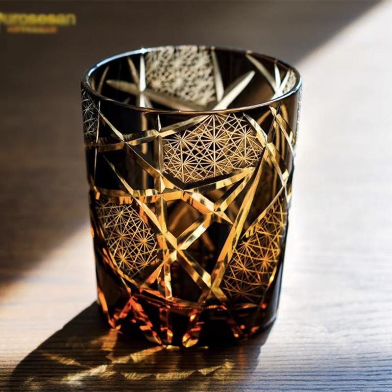 Handicraft Cut Amber Blue Colored Glass Whisky Glasses Tumbler Japanese Edo Kiriko Technique Glass Artwork Drinkware 260Ml