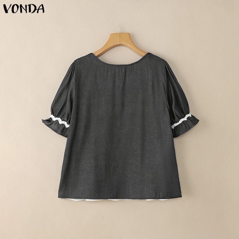 VONDA  Womens Casual Square Neck Lace Hem Short Sleeve Blouse