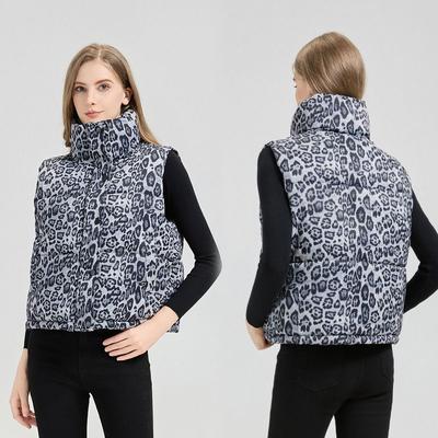 Mode Leopardenmuster Kurze Weste Stehkragen Warm Ärmellose Jacke Damen Oberbekleidung Herbst Winter
