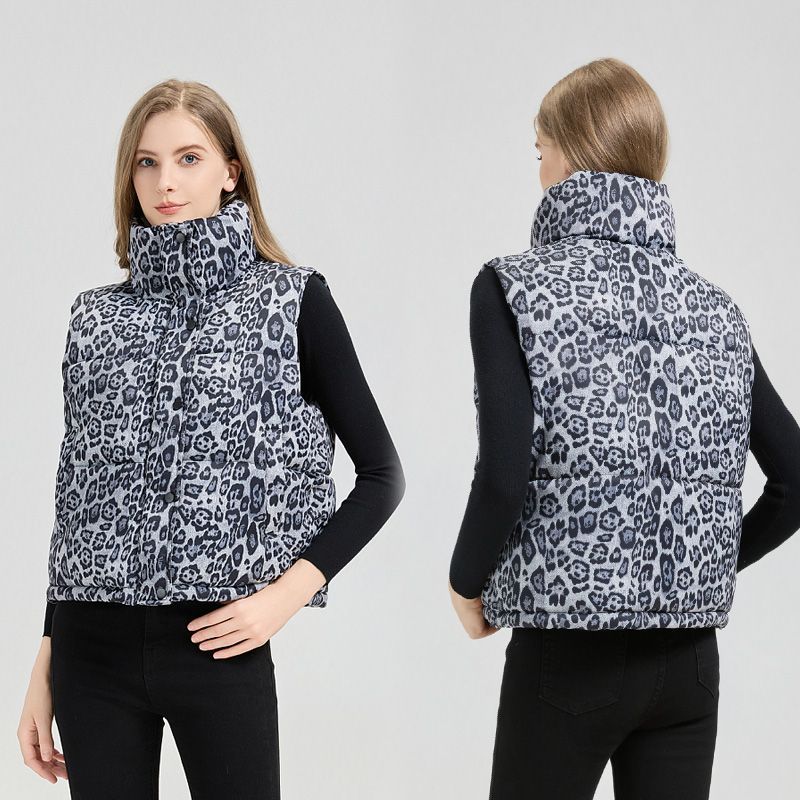 Mode Leopardenmuster Kurze Weste Stehkragen Warm Ärmellose Jacke Damen Oberbekleidung Herbst Winter