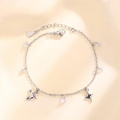 Pure Silver S925 Silver Bracelet Simple Cross Star Bracelet New Zircon Four-pointed Star Tassel Bracelet for Women