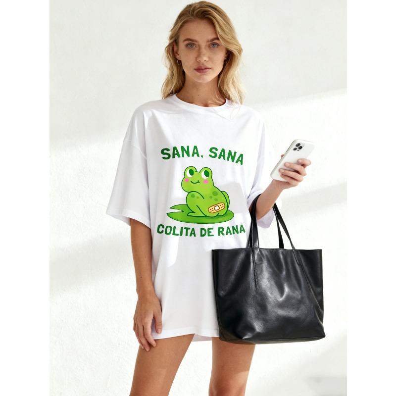 Schwarzes Oversize-T-Shirt mit Froschmotiv, Verband und dem Aufdruck „Sana Sana Colita De Rana“ für die Freizeit