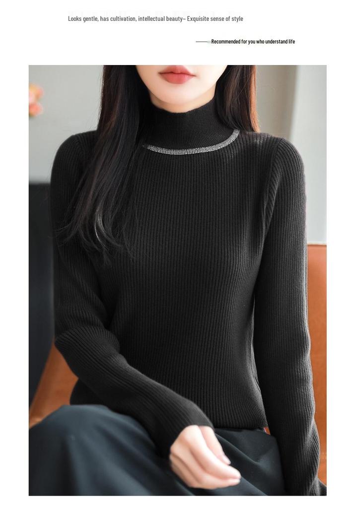 2026 Rhinestone High Neck Slim Fit Women's Knitwear Sweater - Chic Autumn Winter Base Layer