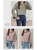 Women's Spring 2025 Green Striped Long-Sleeve Round Neck T-Shirt: Loose-Fit, Slim-Style, Commuting Top