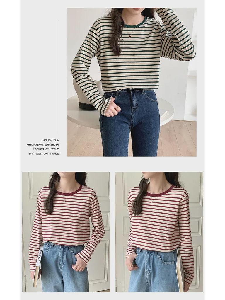 Women's Spring 2025 Green Striped Long-Sleeve Round Neck T-Shirt: Loose-Fit, Slim-Style, Commuting Top