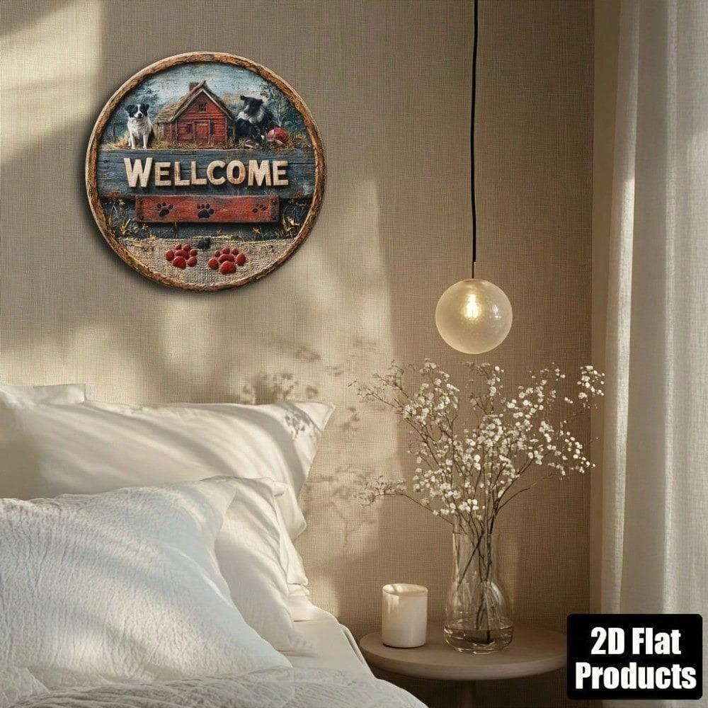 Country Style Welcome Sign Metal Plaque Dog Paw Prints Round Wall Art For Home Bar Kitchen Decor 8x8 Inch