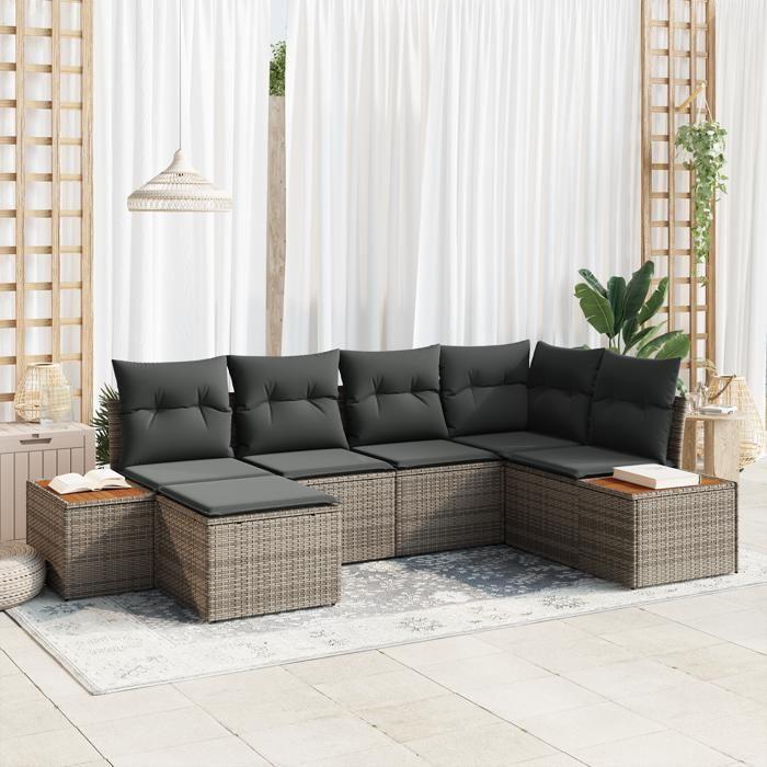 VidaXL Ensemble de Canapé de Jardin 6 Pièces avec Coussins Gris Poly Rattan Acacia 3348120