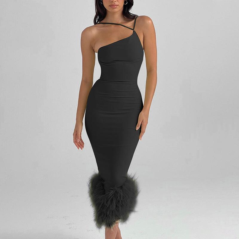 2023 Spring/Summer Asymmetrical One-Shoulder Halter Feather Dress for Women