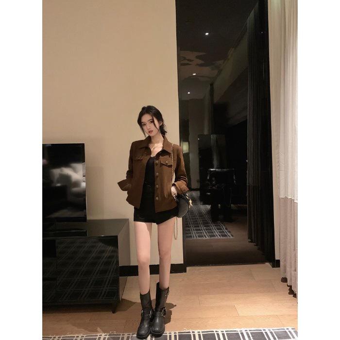 В наличии американская короткая куртка с коричневым воротником, сладко-острая, для женщин, коллекция Осень-Зима 2025, высококлассный вид. 2XL