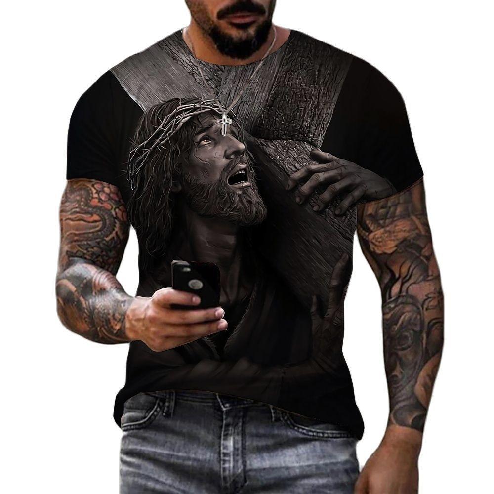 Men's Summer Breathable 3D T-shirt Jesus Christ Cross Print Crew Neck Short-Sleeve Fashion Trendy Faith-Based Daily Top