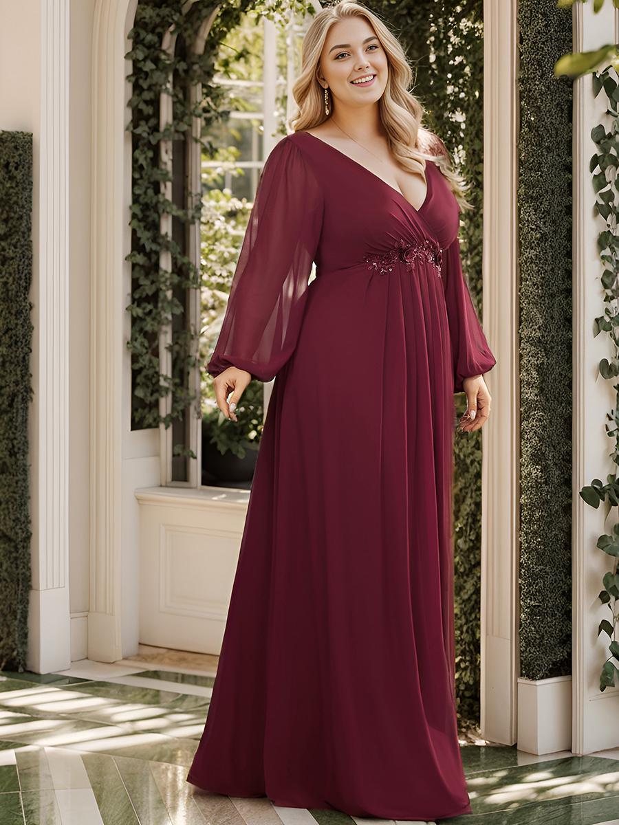 

Всегда красивые женские шифоновые вечерние платья трапеции с v-образным вырезом больших размеров и длинными рукавами-фонариками 9XL бордовый