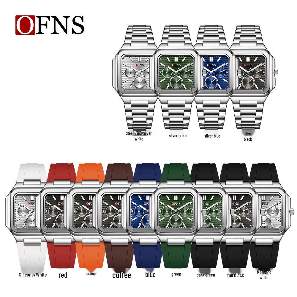 OFNS Six-Hand Men's Square Quartz Watch: Luminous, Day-Date, 30M Waterproof, Silicone Steel Band, Hot Seller