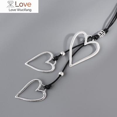Amorcome Große Silber Farbe Herz Anhänger Lange Leder Halskette Boho Frauen Erklärung Ethnischen Schmuck Lariat Halskette Mujer Collares