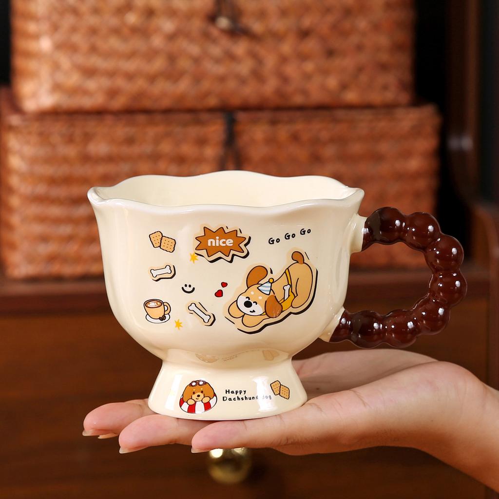 Dackel Keramik Wasserbecher Süße Tasse mit Deckel und Löffel Kreativer Jungenstil Kinder Frühstückstasse Große Kapazität