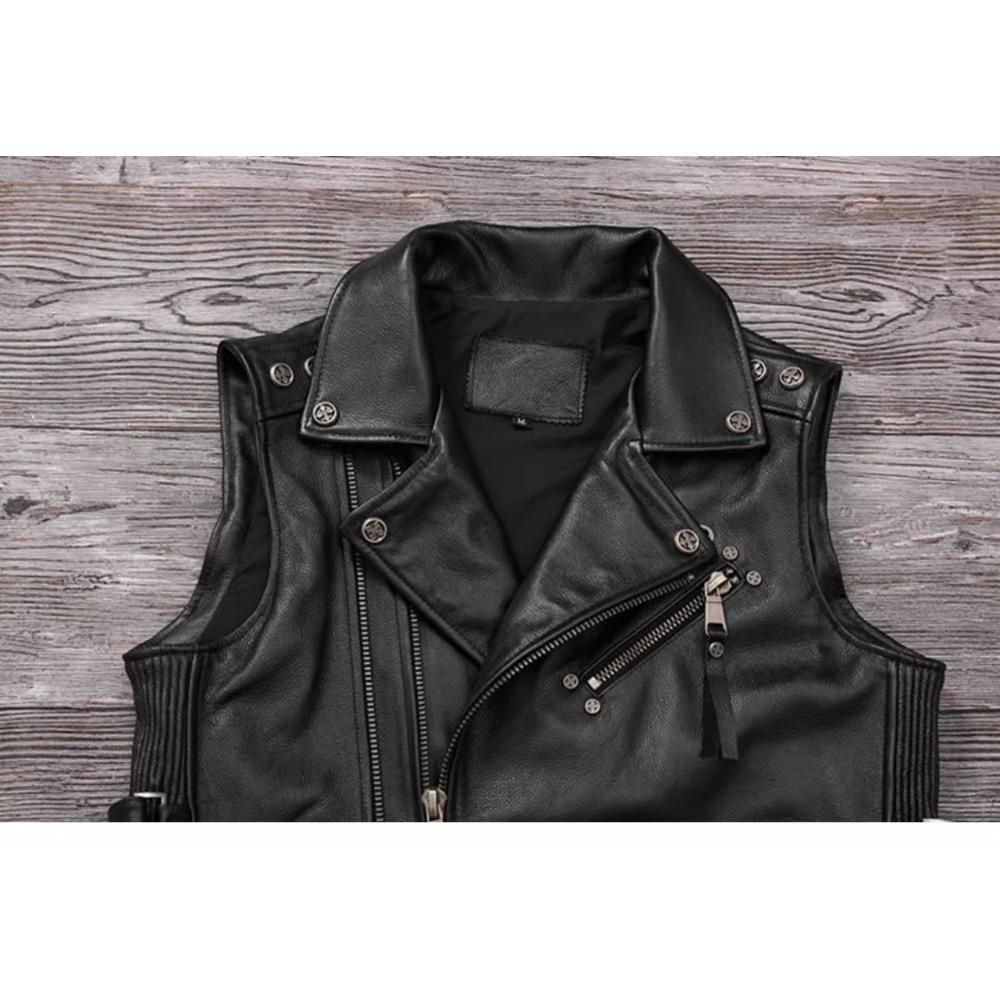 Chinese Size Biker Vest Top Layer Cowhide Leather Vest Men's Slim Short Motorcycle Clothing Riding Jacket Sleeveless Genuine Cow Club Vest