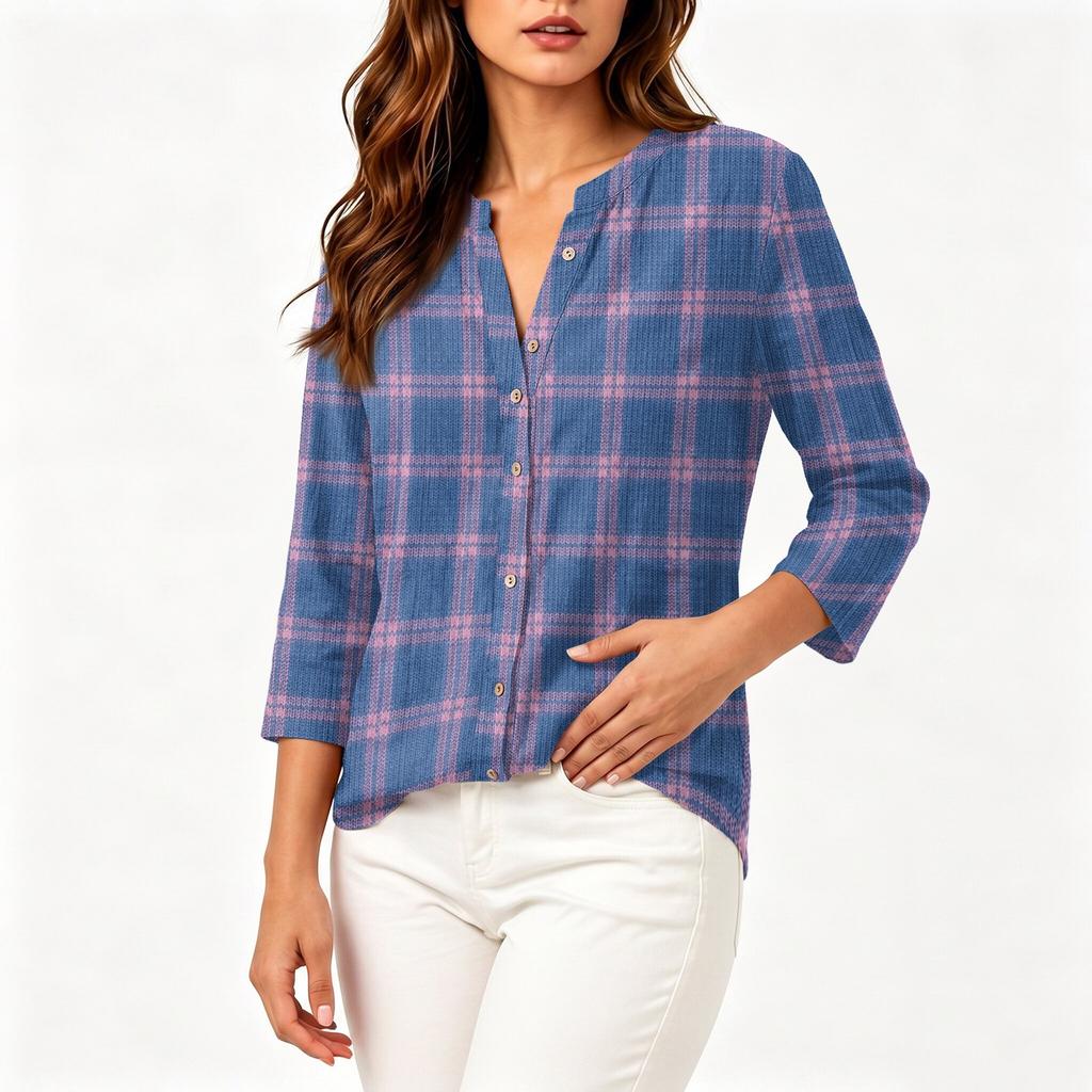Women's Cotton Linen Shirt with Printed Pattern, Three-Quarter Sleeve Casual Blouse for Everyday Wear
