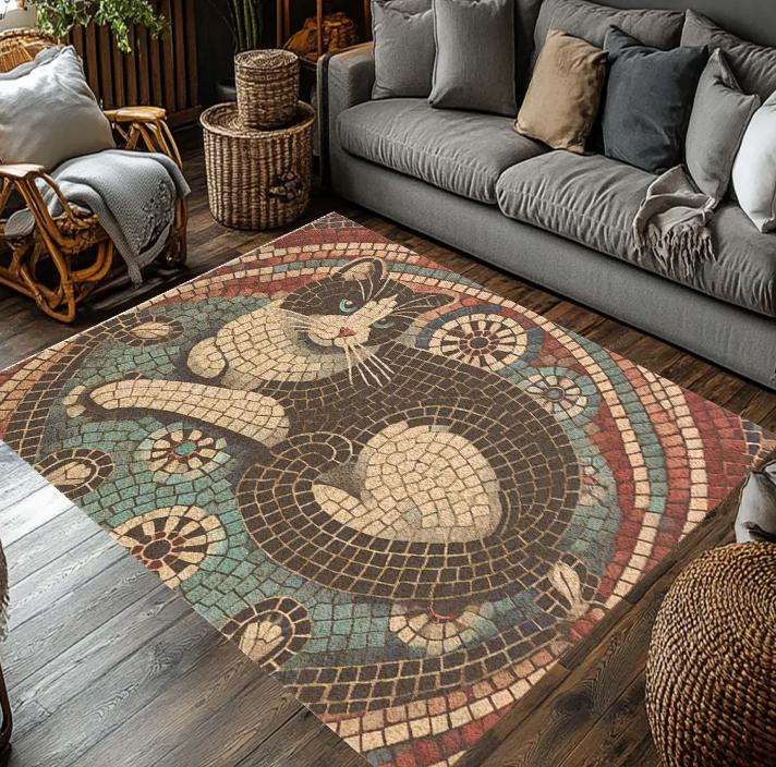 Black and White Cat Vintage Calico Cat Cow Cat Three Kittens Carpet Ceramic Tile Mosaic Style Living Room Bedroom Rug