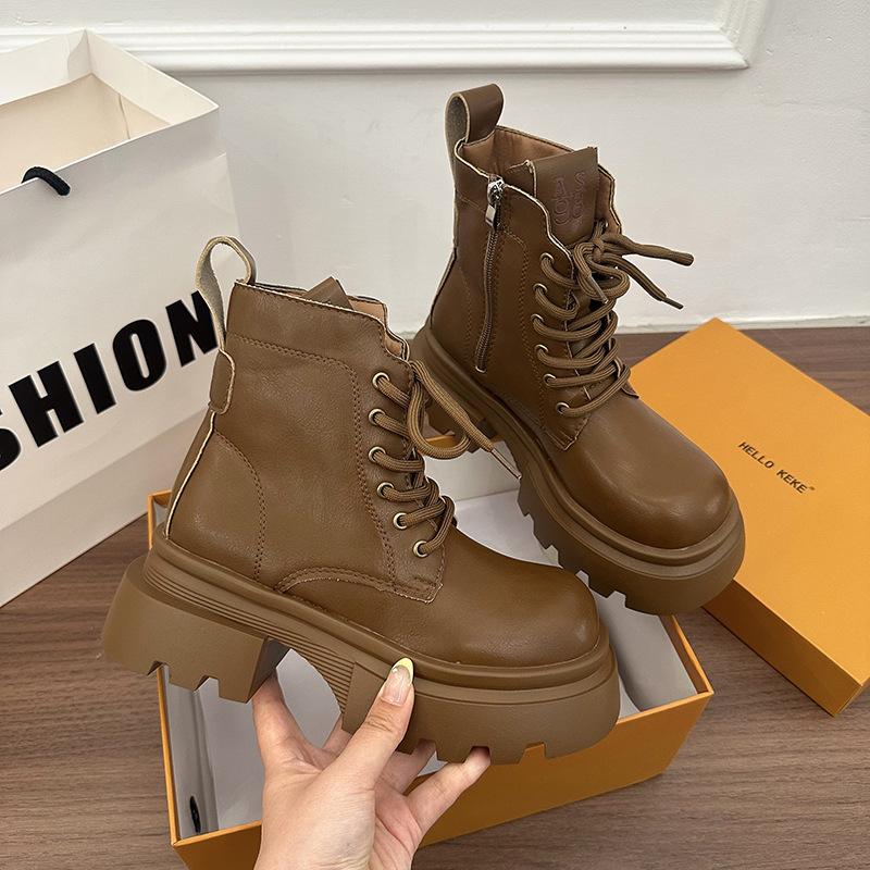 Thick-soled slim Maillard style short boots 2025 autumn new British style round head retro small Martin boots women