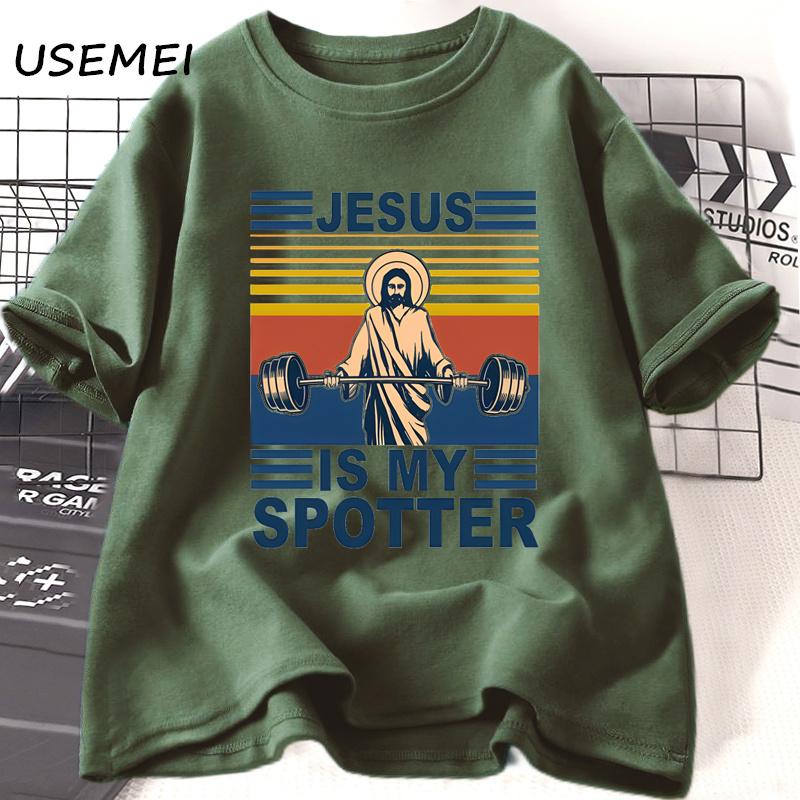 Fitness Jesus Is My Spotter T-shirt Men Casual Vintage Religious Faith Gym T Shirt Christian Funny Faith Tshirt Cotton Clothes