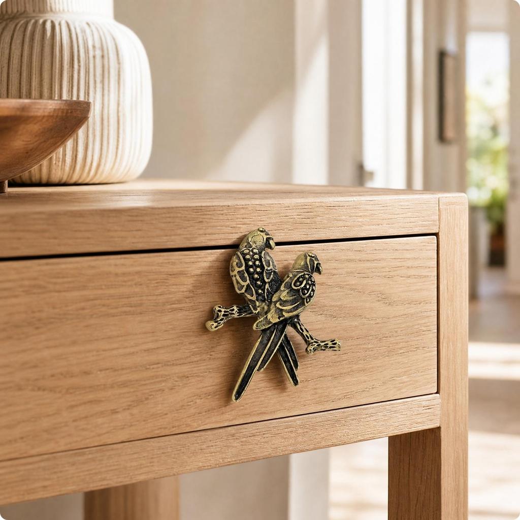 Cast Brass Bird Cabinet Handle Decorative Paired-Bird Motif Drawer Pull Compact