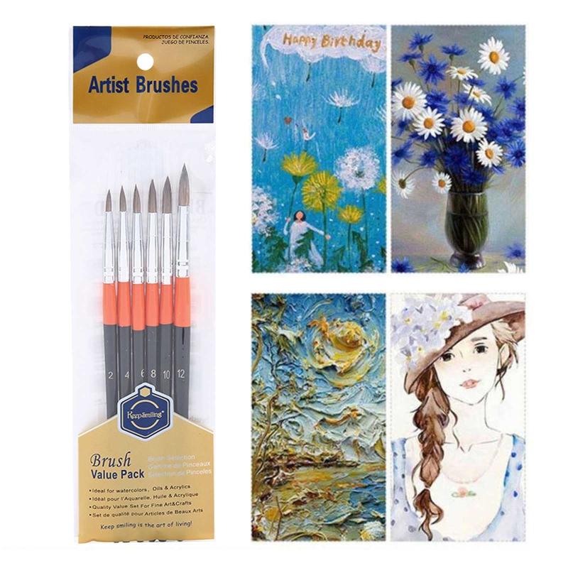 6 Kit Watercolor Painting Brushes Anti-Shedding Round Tip Artist Paintbrushes for Kids Adults Drawing Art Craft Supplies