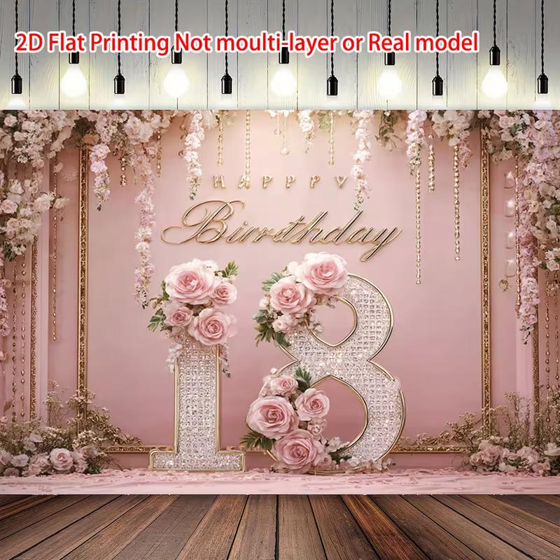 

2D Pink Gold 18th Birthday Backdrop, Birthday Party Photography Background Decoration 47.2x31.5inch/120*80cm