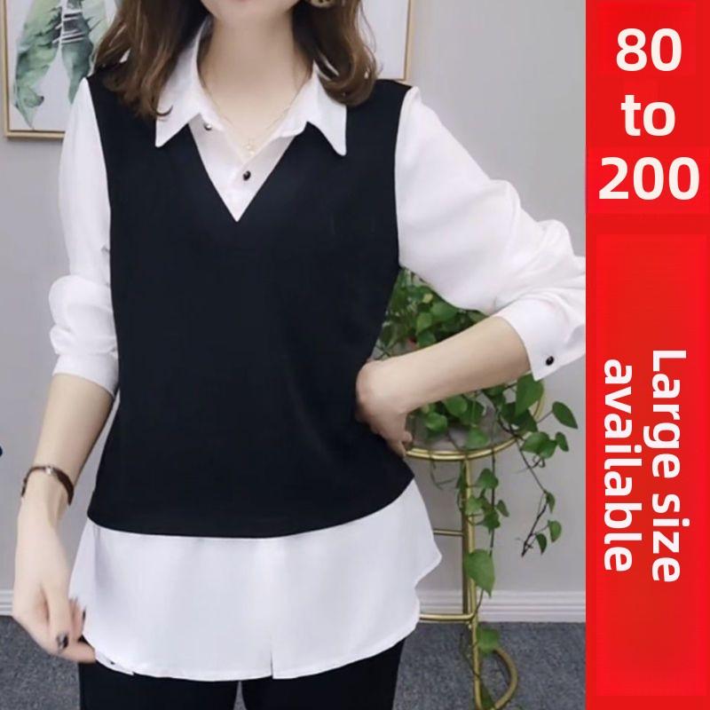 

2026 Spring and Autumn New Style Women s Faux Two-Piece Shirt, Slimming and Flattering, Plus Size Fashionable Base Shirt for Mothers M белый