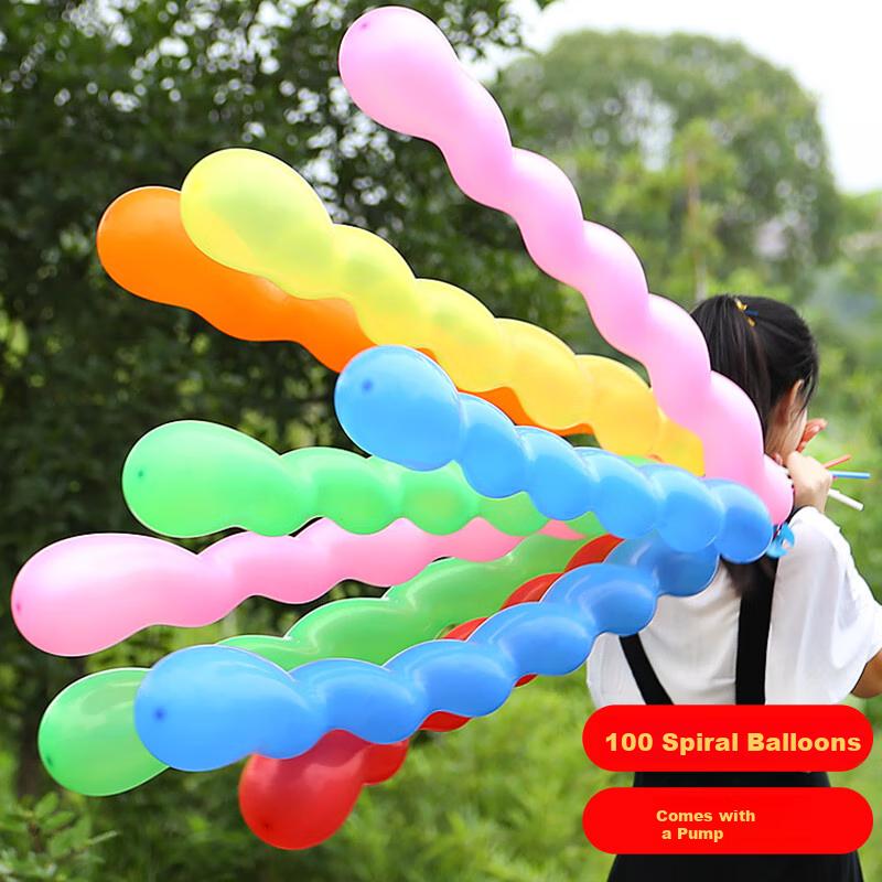 Jidukongjian Balloons, 100 Pieces, Birthday Gift, Engagement And Wedding Decoration, Decorative Setup Toy, Long Spiral Balloon + Pump