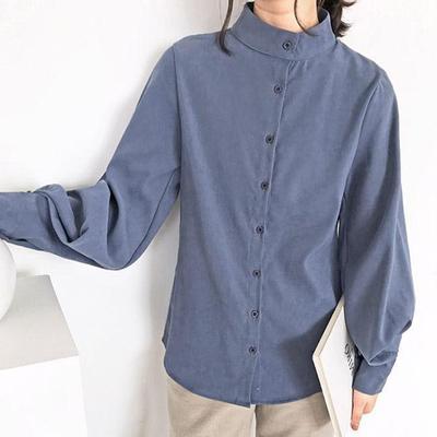 Women's Spring Summer Large Size Vintage Blouse Ladies Autumn Solid Color Long Sleeve Loose Stand Collar Shirts