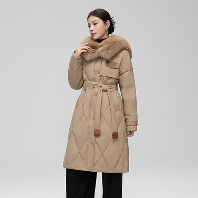 Winter Daunenjacke für Damen Langer Stil Großer Fellkragen Schmale Taille Weiße Entendaunenjacke